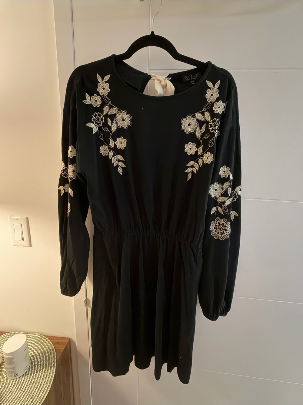 Topshop Black Long-Sleeve Dress with Cream Floral Embroidery